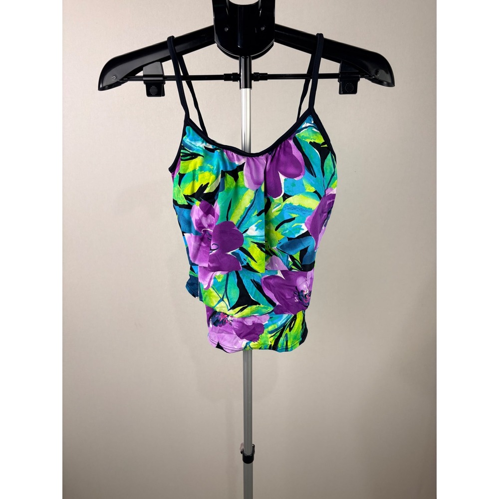 Jamaica Bay Floral Tiered Tankini Swim Top Purple Green Blue Size 8 1810780